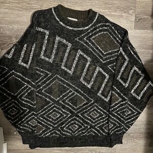 LE TIGRE Mens XL Tall Geometric Pattern Fuzzy Knit Sweater Brown Black White